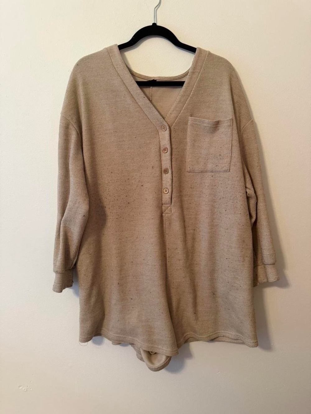 Neutral Beige Knit Romper with Pocket